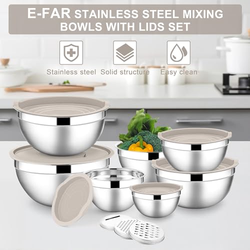 E-far Mixing Bowls with Lids Set, 7-Piece Stainless Steel Metal Mixing Bowls with Grater Attachments, Size 4.6, 3.5, 2.6, 2, 1.5, 1, 0.7QT, Nesting Design & Khaki Airtight Lids, For Cooking/Serving - color: Khaki, size: 7 Regular Sizes