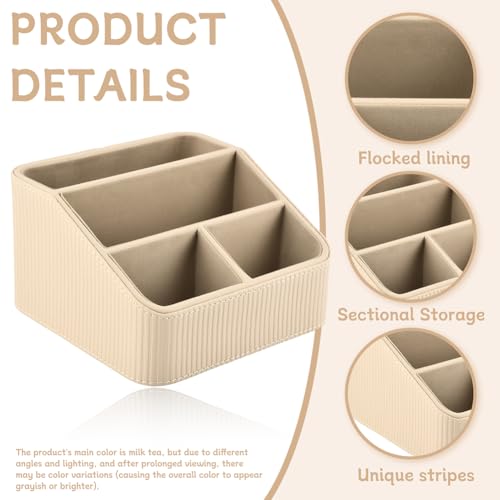 Remote Control Holder, Small Nightstand Organizer with 4 Compartments, PU Leather Desk Caddy, Multifunctional Bedside Desktop Organizers with Label Stickers(COLOR:Beige)