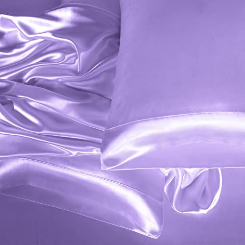 Homiest 3pcs Satin Sheets Set Luxury Silky Satin Bedding Set with Deep Pocket, 1 Fitted Sheet + 1 Flat Sheet + 1 Pillowcase (Twin Size, Lavender) - color: Lavender, size: Deep pocket - Twin size