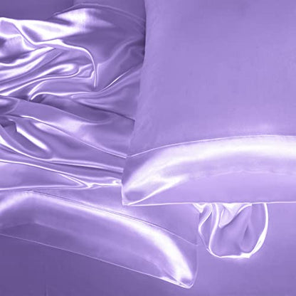 Homiest 3pcs Satin Sheets Set Luxury Silky Satin Bedding Set with Deep Pocket, 1 Fitted Sheet + 1 Flat Sheet + 1 Pillowcase (Twin Size, Lavender) - color: Lavender, size: Deep pocket - Twin size
