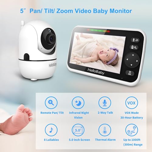 HelloBaby 5" Screen Baby Monitor with 4 Cameras - No WiFi HB6550 Video Baby Monitor, Pan-Tilt-Zoom, 26 Hour Battery, ECO, Night Vision, Temperature Sensor & 2-Way Audio, 8 Lullabies, 1000ft Long Range - size: 4 Cams-HB6550