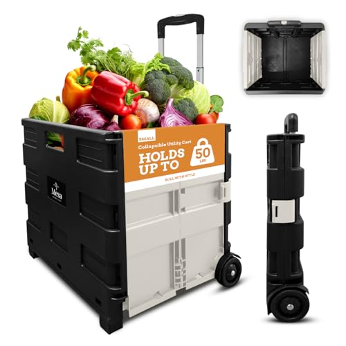 Inspired Living Ultra-Slim Rolling Collapsible Storage Pack-N-Roll Utility-carts, with Telescopic Handle, for Home, Garden, Shopping, Office, School use, Medium, White & Black - color: White, size: Medium/ No Lid