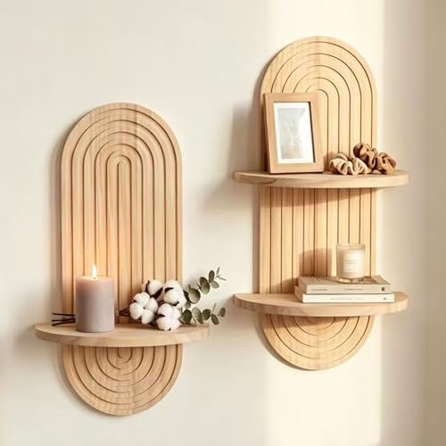 LIYAOLI Boho Wall Shelves Boho Chic Wall Decor for Living Room 2 Pieces 16.9 x 9.4 Inch Wooden Boho Shelf Decor Hanging Shelves for Bedroom Decor, Wall Mounted Candle (2 Set - Nature) - color: 2 Set - Nature