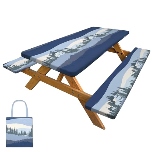 Picnic Table Cover with Bench Covers Camping Tablecloth with Storage Bag Windproof Waterproof Picnic Table Covers with Elastic for Camping - color: Blue Grey, size: 72x30in