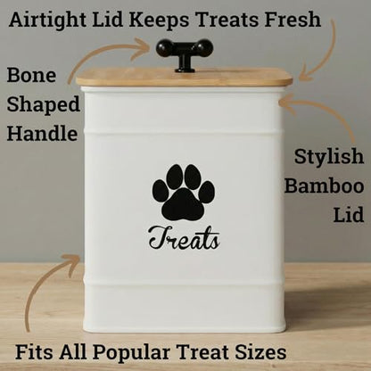 Dog Treat Container Airtight - 6 Inch Wide x 8 Inch Tall Iron Dog Treat Jar for Kitchen Counter with Airtight Bamboo Lid - 12 Cup Capacity Pet Treat Container - Doggie Cookie Jar - Big Treats Canister - color: White