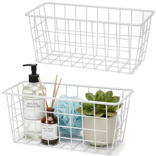 Hanging Kitchen Baskets Adhesive Sturdy Wire Storage Baskets with Kitchen Food Pantry Bathroom Shelf Storage No Drilling Wall Mounted,White,2 Pack - color: White, size: 2 PACK