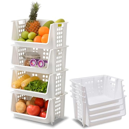 Large Stackable Storage Bins Open Front for Pantry Storage, 4 Pack - White | Sturdy Plastic, Easy Stacking, Open Front Access, Ventilated Sides, Vertical & Space Saving Pantry Organizers and Storage Bin