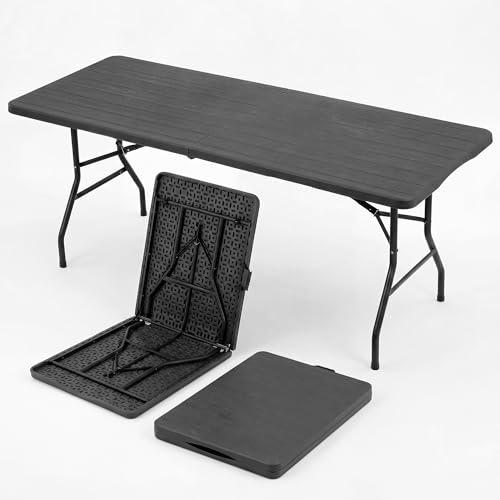 SEALAMB 6 Feet Foldable Table with Built in Handle & Steel Legs,6FT Heavy Duty Folding Portable,Perfect for Party, Dining, Wedding, Events, Picnic Indoor, Outdoor, Camping, Utility, Folding - 6 Ft - color: Tree Patterned Black, size: 6FT