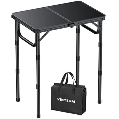 VINTEAM Camping Folding Table with Adjustable Height, Lightweight Portable Outdoor Picnic Table, BBQ Grill Side Table, Durable Aluminum Frame, MDF Desktop for Camping, Fishing, RV, Beach (Black) - style: 2-Fold MDF Tabletop