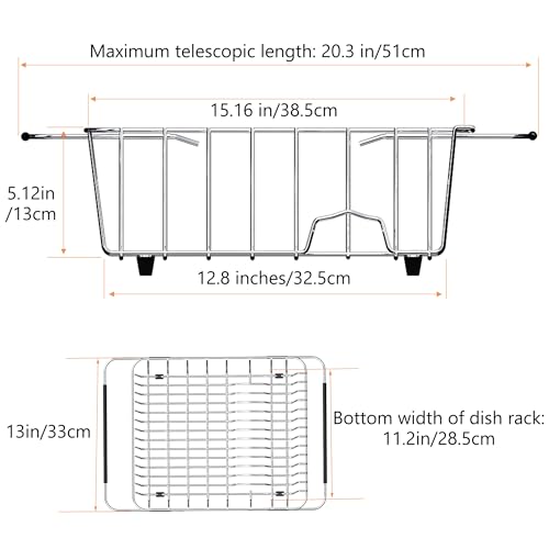 NiuYichee Stainless Steel Dish Drying Rack(15"L X 12.6"W X 4.7"H), Expandable Fruit & Vegetable Drain Rack over Sink, Dish Drainer Rack in Sink, with Stainless Steel Utensil Holder & Silicone Mat(16") - size: X-Large【15" X 12.6"】