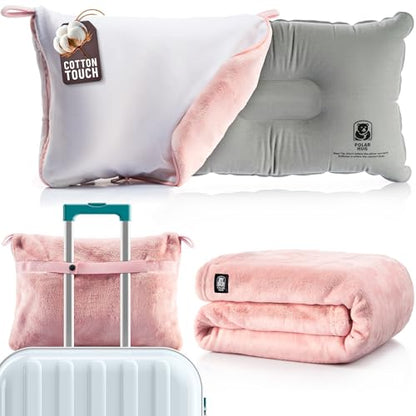 Travel Blanket and Pillow Set — Airplane Blanket with Inflatable Pillow and Cotton Case, Compact Travel Blanket with Back-Neck Snaps for Long Flights - color: Pink Set, size: 64x43''