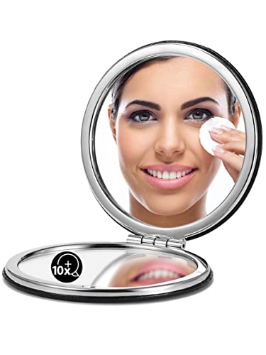 OMIRO 1X/10X Magnifying Compact Mirror with PU Leather, Ultra-Portable for Purses and Travel, Round Black - color: Black