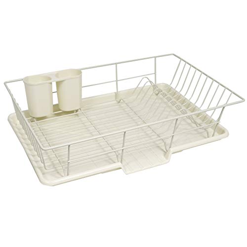 Sweet Home Collection Space-Saving 3-Piece Dish Drainer Rack Set: Efficient Kitchen Organizer for Quick Drying and Storage - Includes Cutlery Holder and Drainboard - Maximize Countertop Space, Ivory - color: Ivory