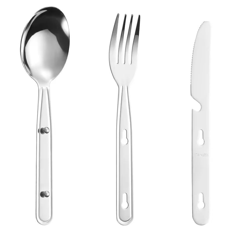 Stainless Steel Travel Utensil Set, 3-Piece Portable Flatware with Spoon, Fork, Knife, Lightweight Camping Cutlery, Interlocking Design, 6 inches, Canvas Carrying Case Included