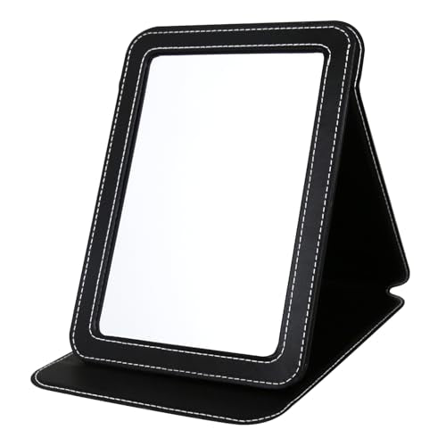 Travel Mirror for Desk, 6.5×8.9” Adjustable Rectangle PU Edge Covering Black Foldable Desk Mirror with Stand for Travel Camping Home (Black) - color: Black, size: 8.9"L x 6.5"W