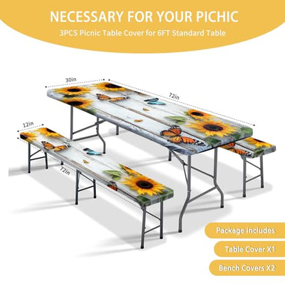 Picnic Table Cover with Bench Covers 72IN 6FT, Camping Essentials Tablecloth Waterproof Oilproof with elastic Edge for Indoor Outdoor Patio (Sunflower Wood Grain) - color: Wood Grain Butterfly