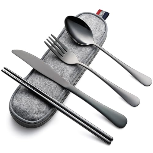 DEVICO Camping Utensils, Full-Size Reusable Silverware for Lunch Adult, Stainless Steel Travel Cutlery Set with Case, Portable Fork Spoon Knife Set for Work, Flatware with Chopsticks (Black) - color: Black