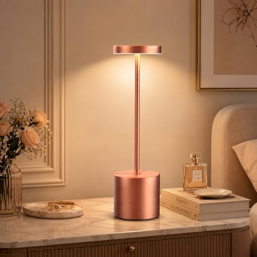 AUDLES Cordless Table Lamp, 5000mAh Rechargeable Lamp with Touch Control & Stepless Dimming, 3 Light Modes, IP54 Waterproof Portable Light for Dining Table, Patio, Bathroom, Power Outage (Rose Gold) - color: Rose Gold