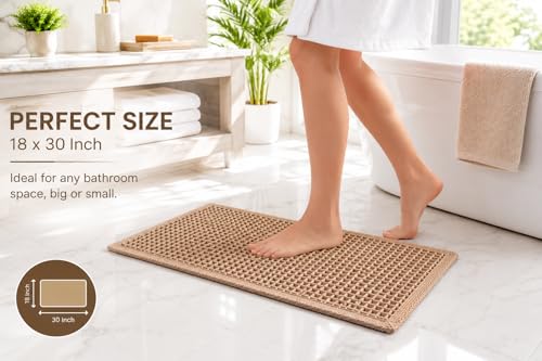 Waffle Bath Mat Non Slip Washable, Boho Bath Rug, Soft Absorbent Quick Dry Bath Mat for Shower Floor, Textured Waffle Weave Shower Rug, Farmhouse Bathmat Decor, 18x30 Inch