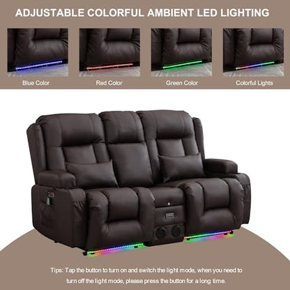 TUNYI Power Loveseat Recliner Sofa with Massage & Heat Home Theater Seating with Console RV Recliner Loveseat Sofa with USB/Storage/Side Pocket/LED Light/Speaker (Brown, Loveseat) - color: Brown, size: 2 Seat