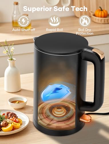 Electric Kettle, Double Wall 1.7L Stainless Steel Cool Touch, Water Boiler & Heater, 1500W Hot Tea Pot, Boil Dry Protection & Cordless Base, BPA-Free, Black