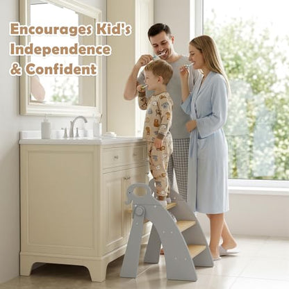Wooden 3 Step Stool for Kids Bathroom Sink Foldable Anti-Slip, Child Stepping Stool for Kitchen Nursery Bedroom, Sturdy Non Slip Adult Stool for Closet - color: Grey Ele