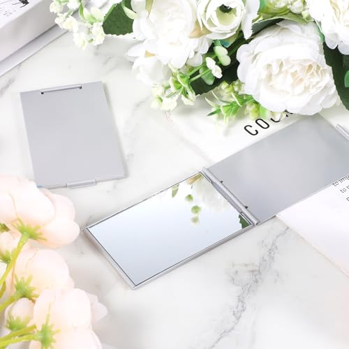Portable Folding Mirror, 2 Pcs Ultra Slim Portable Mini Folding Mirrors Compact Makeup Compact Aluminum Shell Cosmetic Mirror for Travel Daily Work Business (3.3x2 Inches)