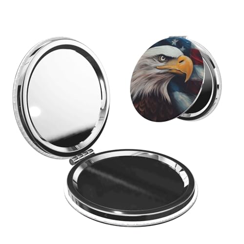 Vintage American Flag and Eagle Painting Print Foldable Travel Pocket Mirror Round PU Leather Portable Mini Makeup Double Sided Handheld Magnifying,2.6 in - color: Vintage American Flag and Eagle Painting