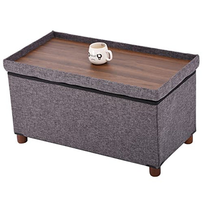 30 Inches Storage Ottoman Bench, Rect Grey, Modern, Classic Style, Linen Fabric, Walnut Wood Legs - color: Rect Grey