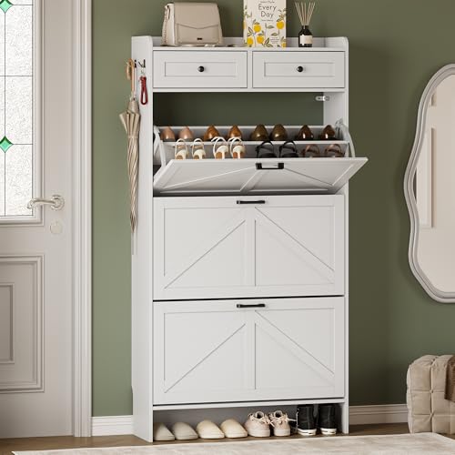 BORNOON Shoe Storage Cabinet for Entryway, Farmhouse Narrow Shoe Cabinet with 3 Flip Drawers & 2 Top Drawers, Adjustable Shelves & Hooks, Freestanding Hidden Rack Organizer for Hallway, Foyer - color: White, size: 3 Flip Drawer
