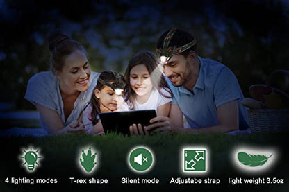 Dinosaur Kids Headlamp, T-Rex Dinosaur Led Headlamp Flashlight, Dinosaur Toy Headlamp Flashlight with 4 Lighting Mode for Boys, Girls’ Camping, Hiking, Reading and Party (Green) - color: Green