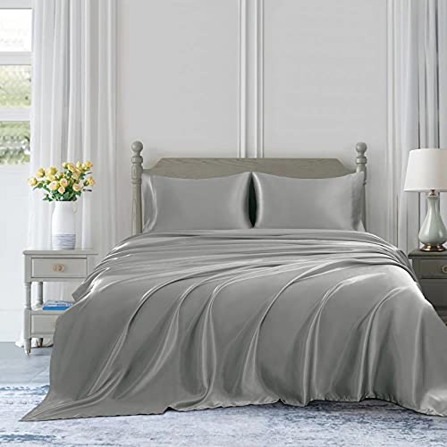 Homiest 3pcs Satin Sheets Set Luxury Silky Satin Bedding Set with Deep Pocket, 1 Fitted Sheet + 1 Flat Sheet + 1 Pillowcase (Twin XL Size, Light Grey) - color: Light Gray, size: Deep pocket - Twin XL size