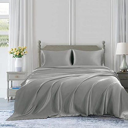 Homiest 3pcs Satin Sheets Set Luxury Silky Satin Bedding Set with Deep Pocket, 1 Fitted Sheet + 1 Flat Sheet + 1 Pillowcase (Twin XL Size, Light Grey) - color: Light Gray, size: Deep pocket - Twin XL size