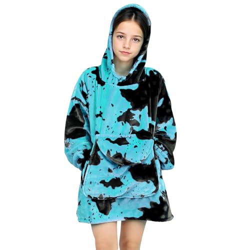 Teal Wearable Blanket Hoodies for Teens - Oversized Turquoise Flannel Fleece Sweatshirt Blanket with Pocket, Teal Blue Gifts for Boys Girls 6-13 Year Birthday - color: Black Blue, size: Kids-M