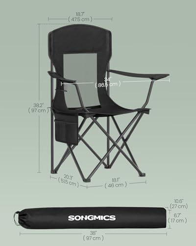 SONGMICS 2 Pack Breathable Camping Chairs, 330 lb Capacity Foldable Outdoor Chairs, High Back, Adjustable Armrests & Cup Holder, for Sports Garden Backyard, Ink Black UGCB028B02 - color: Black, style: 2PC (20.3"D x 34"W x 38.2"H)