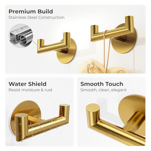 GWAAZXGZ 2 Pack Brushed Gold Bathroom Hooks for Towels - Self Adhesive Double Hooks for Wall, No Drilling, Stainless Steel 304, Strong Hold for Robes, Coats, Shower Use - color: Gold