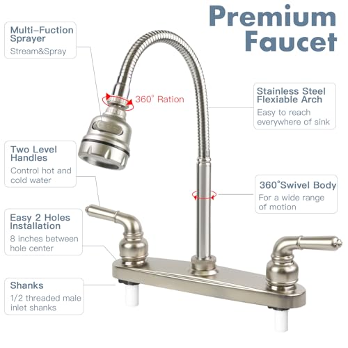 RV Kitchen Faucet,Camper Faucet Kitchen Replacement RV Sink Faucets with Flexible Arch 360 Swivel Rotatable Sprayer for Campers,Travel Trailers,Motorhomes,8 inch 2 Hole,Non-Metallic,Brushed Nickel - color: Brushed Nickel