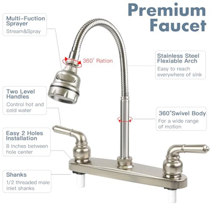 RV Kitchen Faucet,Camper Faucet Kitchen Replacement RV Sink Faucets with Flexible Arch 360 Swivel Rotatable Sprayer for Campers,Travel Trailers,Motorhomes,8 inch 2 Hole,Non-Metallic,Brushed Nickel - color: Brushed Nickel