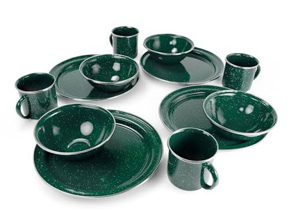 GSI Outdoors Pioneer Enamel 12 Pieces (4-Person) Dish Set I Enamelware Dishes Including Plates, Bowls and Mugs for Camping, Outdoors, RV, Camp, Green
