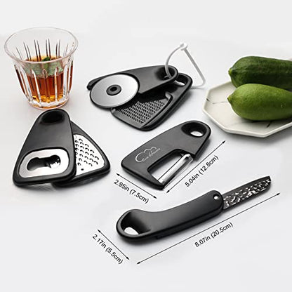 Kitchen Gadgets Set 6 Piece, Space Saving Kitchen Utensils Stainless Steel Accessories Cheese Grater, Bottle Opener, Pizza Cutter, Vegetable Peeler, Paring Knife, Garlic Grinder, Burlap Bag Gift(BLK) - color: Classical Black 6pcs