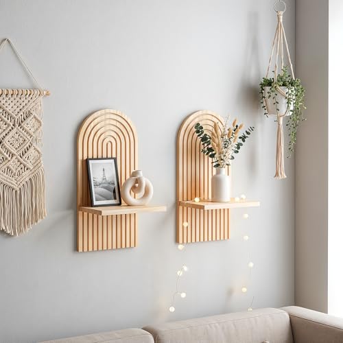 2pcs Boho Wall Candle Sconces Boho Wall Decor Rustic Farmhouse Wooden WallMount Candle Holders Wood Bohemian Decor Floating Shelves Arched Wooden Hanging Shelves for Bedroom Living Room Bathroom Home