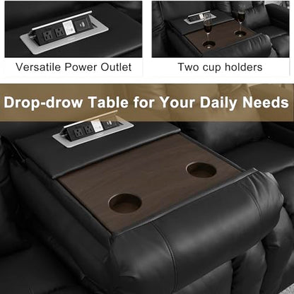 URRED Power Loveseat Recliner Sofa with Massage and Heat, Wall Hugger Reclining Loveseat with Console, RV Couch Home Theater Seating with LED Lights for Living Room (Black, 89.8" - 3 Seats) - color: Black, size: 89.8" - 3 Seats