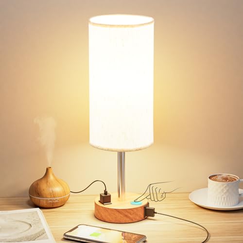 Fenmzee Bedside Table Lamp for Bedroom - 3 Way Dimmable Touch Lamp USB C Charging Ports and AC Outlet, Small Lamp Wood Base Round Flaxen Fabric Shade for Living Room, Desk, LED Bulb Included - color: Cream Shade-Wood Base, size: 14" Touch Control