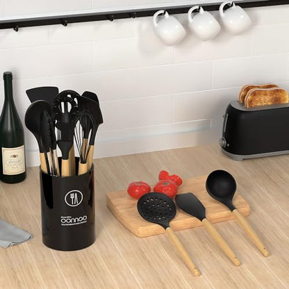 oannao Silicone Cooking Utensils Set Utensil Sets - 446°F Heat Resistant Silicone Kitchen Utensils Set Wooden Handles, Silicone Utensils for Cooking w Holder for Non-Stick Cookware BPA FREE (Black) - color: Black