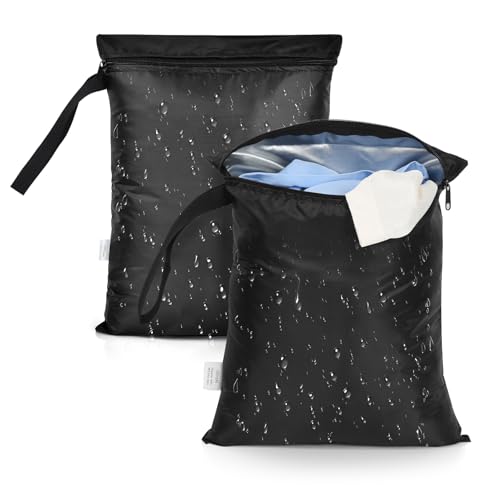 OTraki 2PCS Small Wet Bag for Swimsuit 12x14 Inch Waterproof Wet Dry Bag | Wet Clothes Bag with Handle & Zippered Reusable Washable Travel Bags for Beach Pool Yoga Gym, Drying Do Not Exceed 176℉ Black