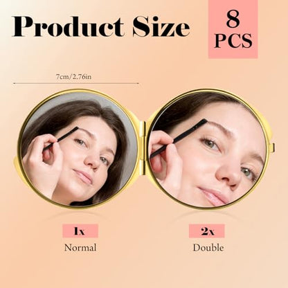 8 Pcs Compact Mirror for Purse, Portable Folding Compact Mirror, Double-Sided 1X/2X Magnifying, Metal Round Shell, Mini Travel Makeup Mirror for Women Bridesmaid Gifts (Gold)