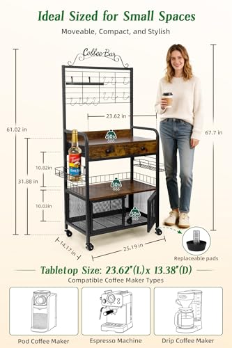 Rolling Coffee Bar Cart for Small Spaces, Coffee Station Cabinet with Storage, Apartment Coffee Nook, Side Syrup Rack, Tea Pod Drawer, Magnetic Doors, Lockable Wheels, Rustic Brown - color: Black & Brown