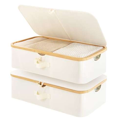 StorageWorks Underbed Storage Containers with Lids, 2-Pack 7" Low Profile Under Bed Storage Box with Bamboo Frame for Clothes, Bedding, Blankets and Shoes, 42L Sturdy Fabric Organizer, Beige - color: Beige