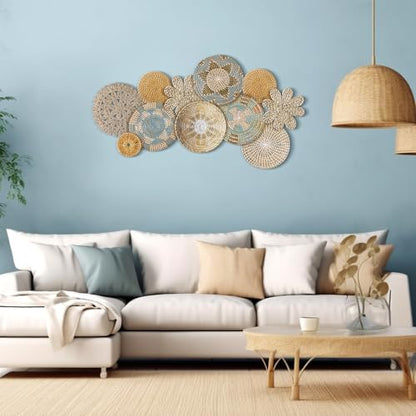 11 Pcs Boho Hanging Wall Basket Decor Handmade Woven Basket Wall Decorative Boho Wicker Baskets Placemats Round Farmhouse Bulrush Art for Rustic Home Decorations Christmas Gift(Bright) - style: Bright