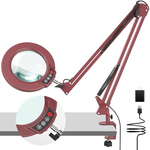 10X Magnifying Glass with Light and Clamp, Real Glass Stand Lighted Magnifier, 2*16 Arm 5 Color Modes Stepless Dimmable LED Desk Lamp Hands Free for Craft Hobby Reading Painting Close Work Large RED - color: Red, size: 10X Large